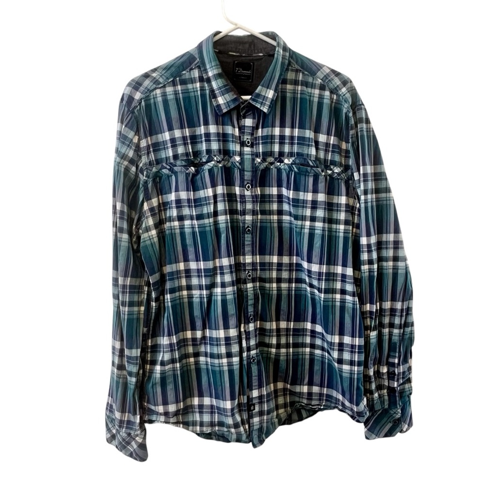 7 Diamonds Men's XXL Plaid Button Down Shirt Blue Green Braided Detail Western